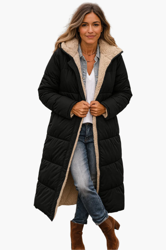 Women's Long Winter Coat with Hood and Reversible Teddy Lining – Stylish Warm Outerwear for Cold Weather