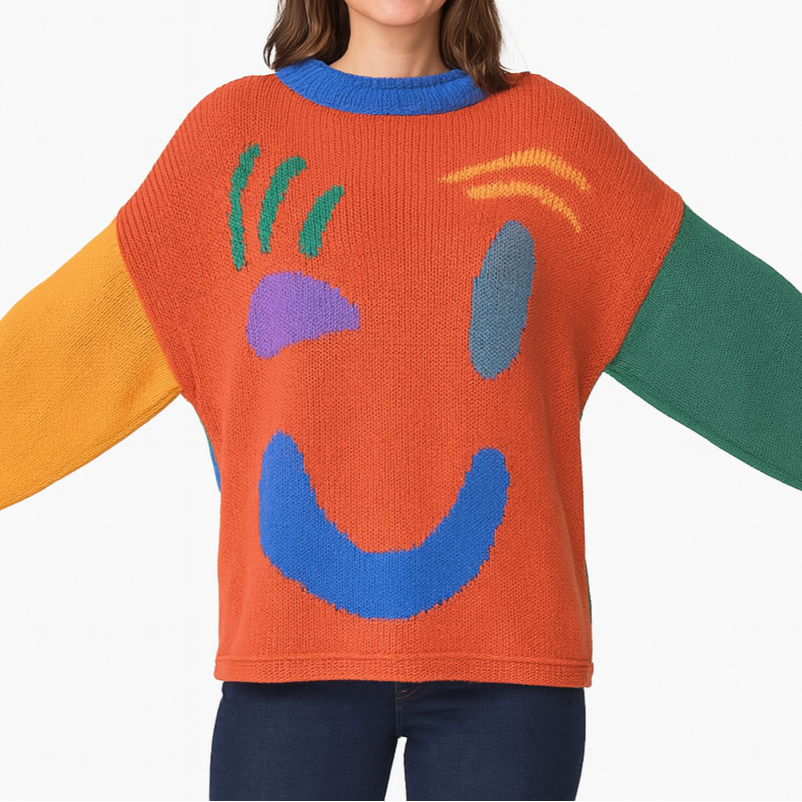 Women's Playful Face Knit Sweater – Relaxed Fit Artistic Jumper for Casual Comfort