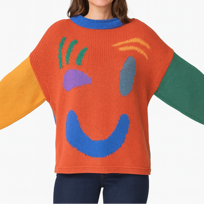 Women's Playful Face Knit Sweater – Relaxed Fit Artistic Jumper for Casual Comfort