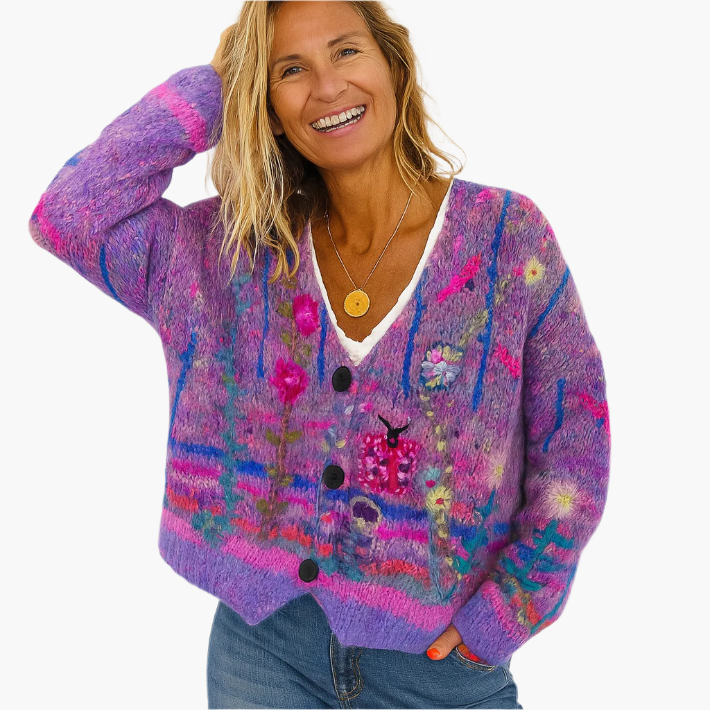 Women's Artistic Boho Knit Cardigan Sweater – Casual Statement Layer for Winter and Fall
