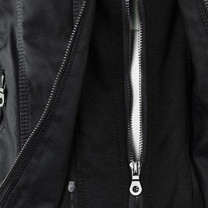 Women's Vegan Leather Hooded Moto Jacket with Zipper – Stylish and Functional Fall Outerwear