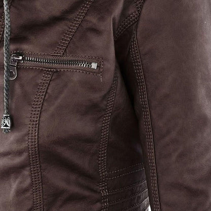 Women's Vegan Leather Hooded Moto Jacket with Zipper – Stylish and Functional Fall Outerwear