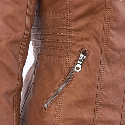 Women's Vegan Leather Hooded Moto Jacket with Zipper – Stylish and Functional Fall Outerwear
