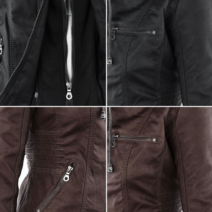 Women's Vegan Leather Hooded Moto Jacket with Zipper – Stylish and Functional Fall Outerwear