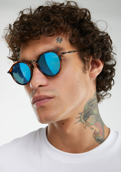 Liam – Unisex Round Tortoise Shell Sunglasses with Polarized Blue Mirrored Lenses