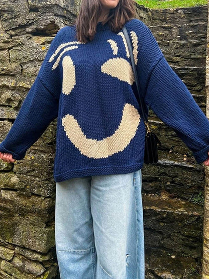Women's Playful Face Knit Sweater – Relaxed Fit Artistic Jumper for Casual Comfort