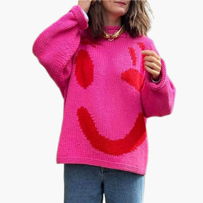 Women's Playful Face Knit Sweater – Relaxed Fit Artistic Jumper for Casual Comfort
