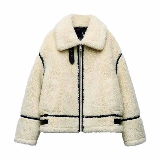 Women's Stylish Winter Faux Shearling Moto Jacket - Trendy Warm Outerwear for Everyday and Evening