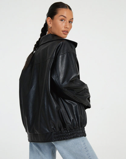 Women's Oversized Faux Leather Bomber Jacket – Trendy Relaxed Fit for Casual and Night Out Style