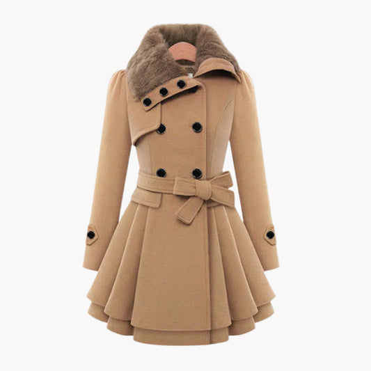 Women's Elegant Winter Trench Coat with Faux Fur Collar, Double-Breasted, Flared Hem – Fashion Warm Overcoat