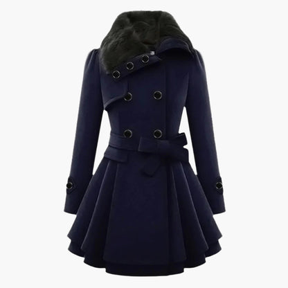 Women's Elegant Winter Trench Coat with Faux Fur Collar, Double-Breasted, Flared Hem – Fashion Warm Overcoat