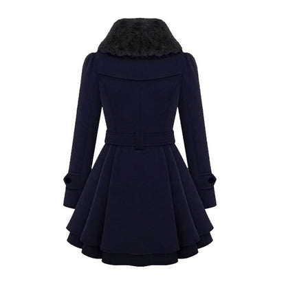 Women's Elegant Winter Trench Coat with Faux Fur Collar, Double-Breasted, Flared Hem – Fashion Warm Overcoat