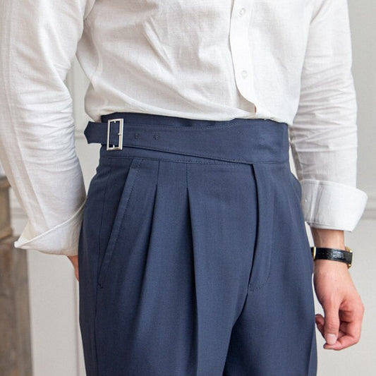 Tristan – Tailored High-Waisted Pants with Pleated Front and Adjustable Side Buckle