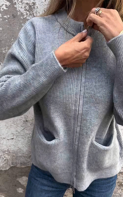 Women's Zip-Up Knit Cardigan Jacket – Stylish Everyday Layering Sweater