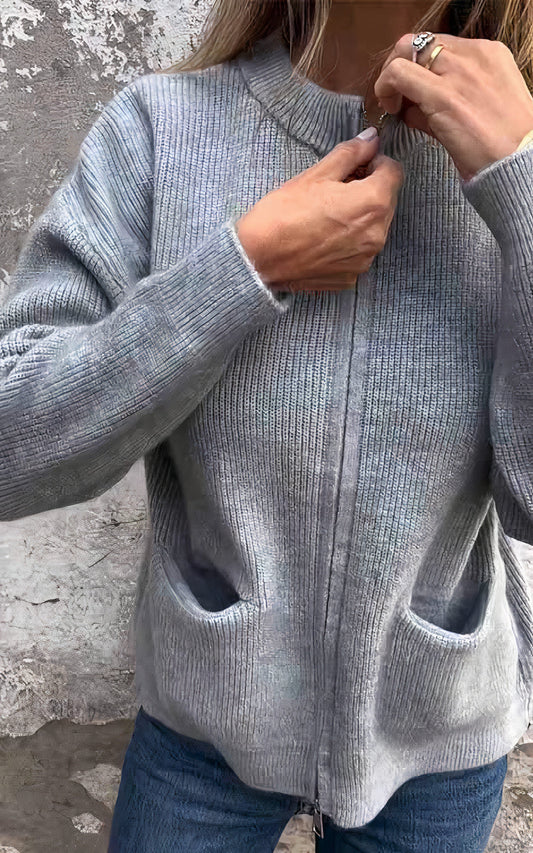 Women's Zip-Up Knit Cardigan Jacket – Stylish Everyday Layering Sweater