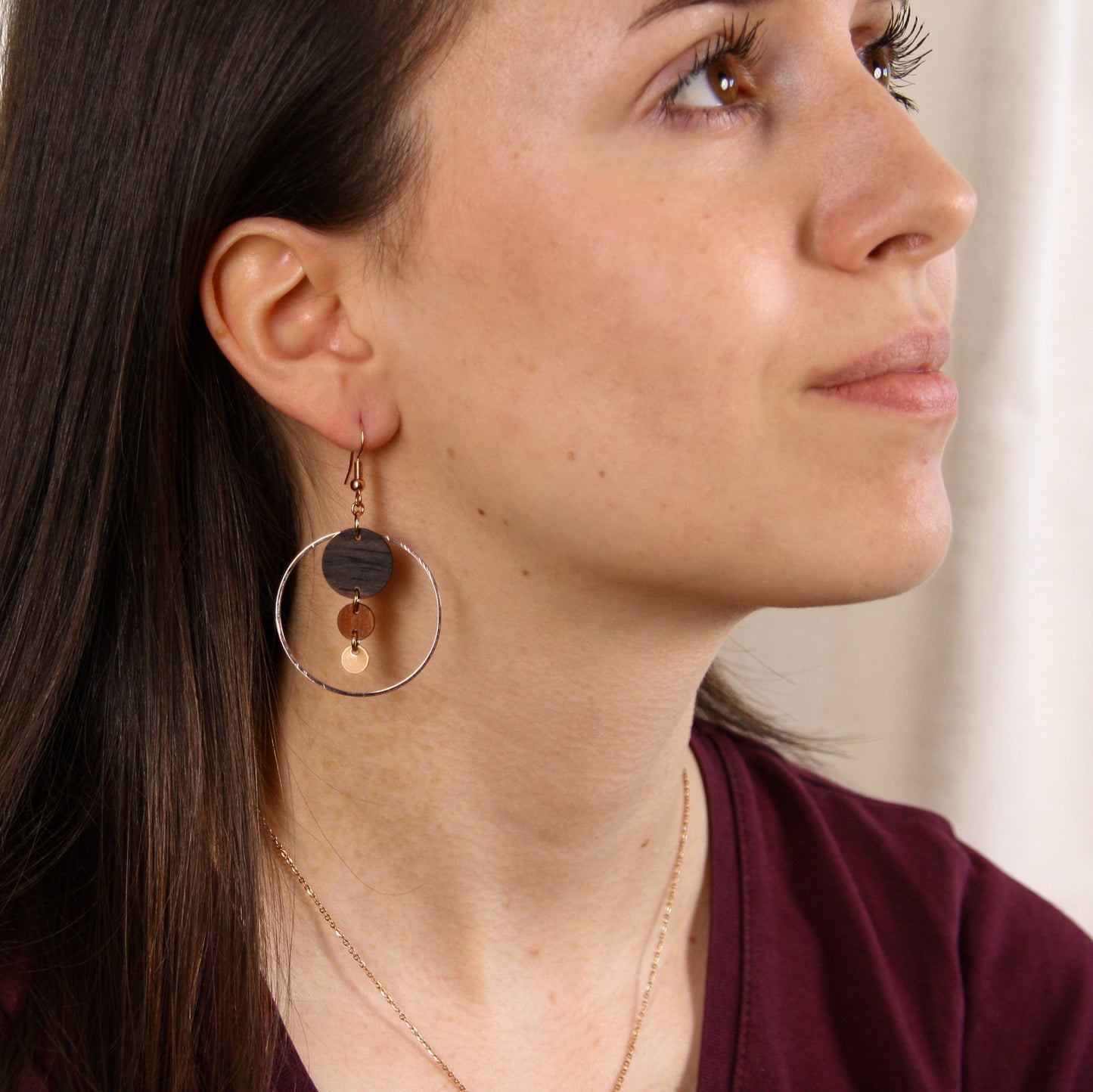 Holly – Women's Bohemian Dangle Earrings with Layered Wooden Discs and Gold Hoop Accents