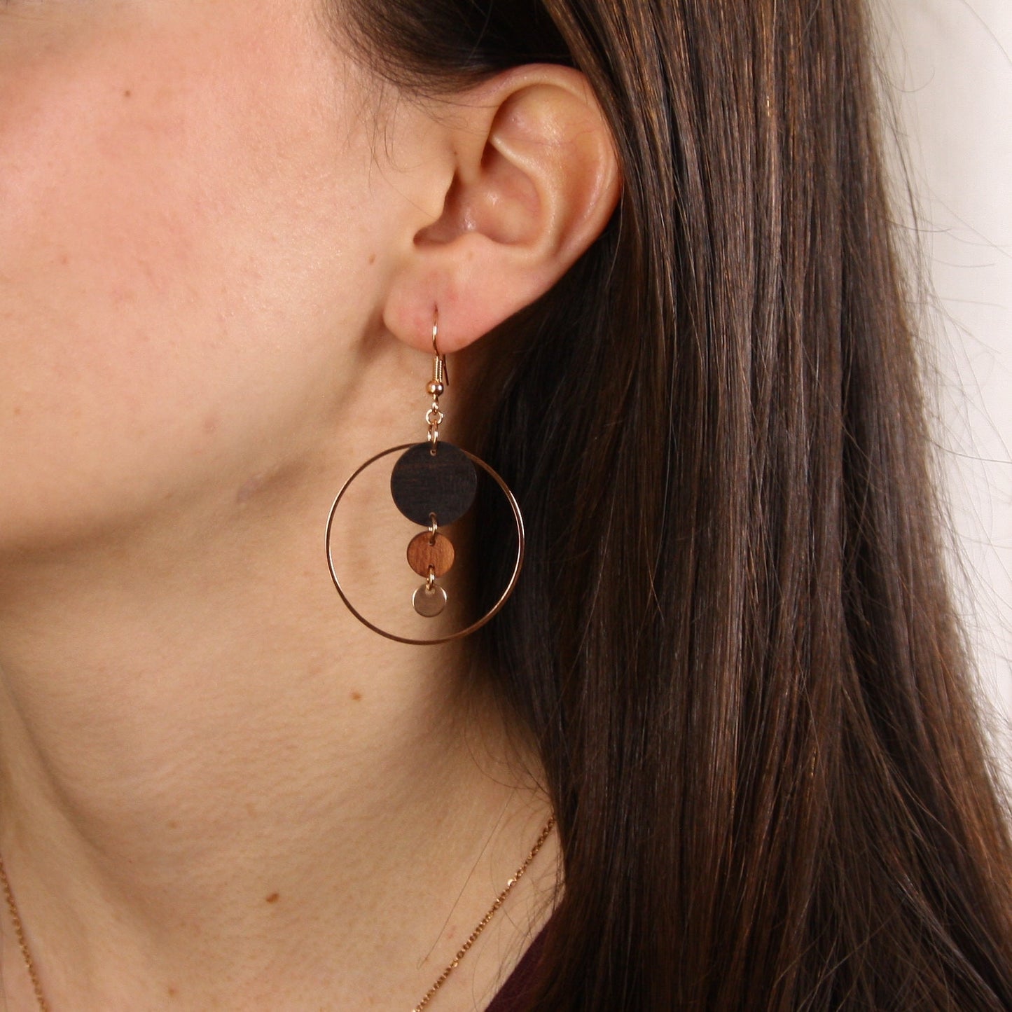 Holly – Women's Bohemian Dangle Earrings with Layered Wooden Discs and Gold Hoop Accents