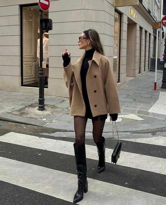 Women's Oversized Double-Breasted Wool Blend Coat – Boxy Fit, Classic Lapel, Chic Urban Style