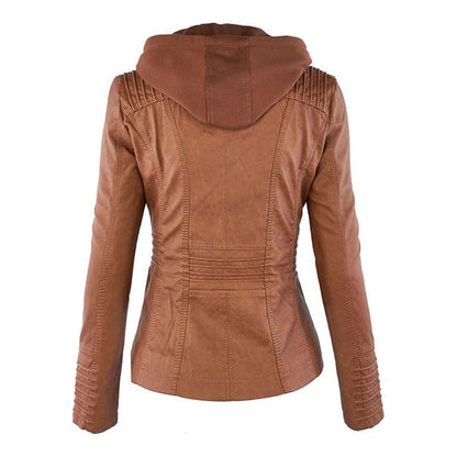 Women's Vegan Leather Hooded Moto Jacket with Zipper – Stylish and Functional Fall Outerwear