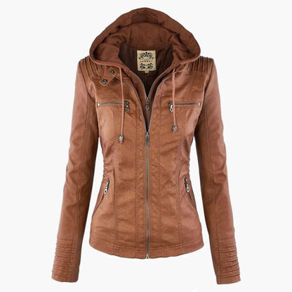 Women's Vegan Leather Hooded Moto Jacket with Zipper – Stylish and Functional Fall Outerwear