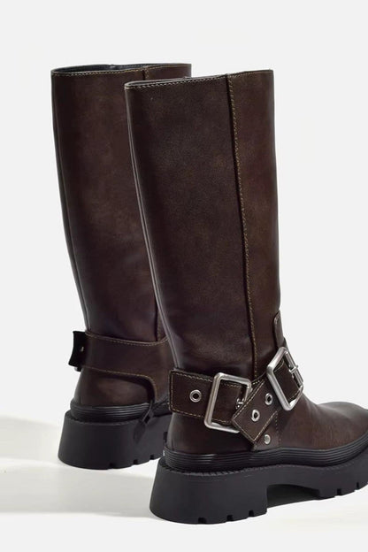 Women's Retro Buckle High-Tube Flat Sole Boots for Everyday Wear