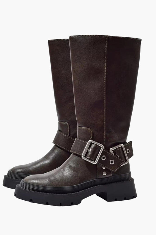 Women's Retro Buckle High-Tube Flat Sole Boots for Everyday Wear