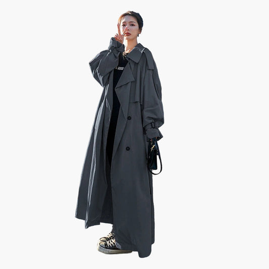 Women's Oversized Classic Trench Coat - Double-Breasted Long Casual Outerwear