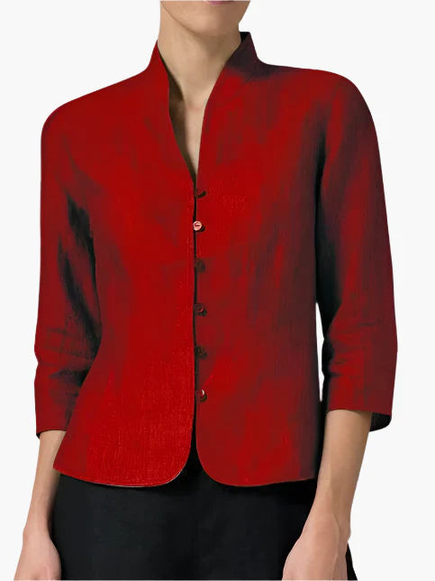 Women's Elegant Stand Collar Chambray Blouse for Office and Everyday Wear