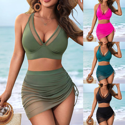 Tara – Stylish Solid Color European and American Stitching Drawstring Split Swimsuit