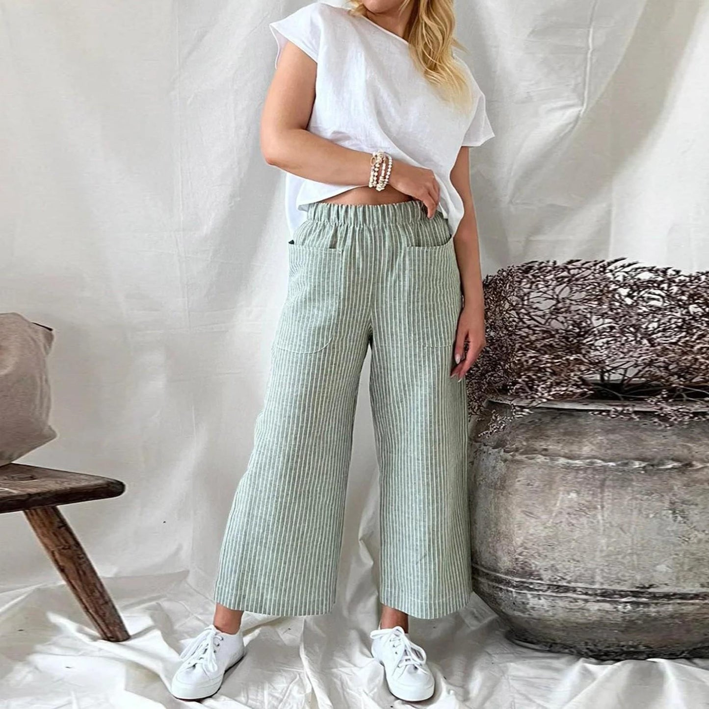 Betty – Loose Striped Cotton and Linen Casual Wide-leg Pants
