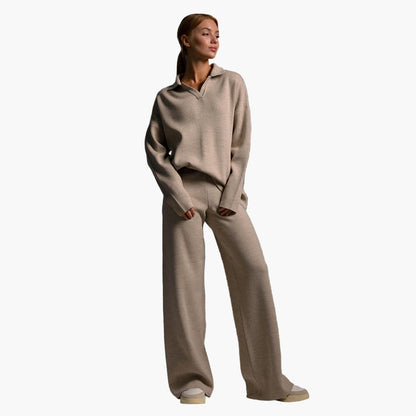Women's Relaxed Fit Knitted Loungewear Set - Oversized Collar Sweater & Wide-Leg Pants - Casual Comfort Outfit