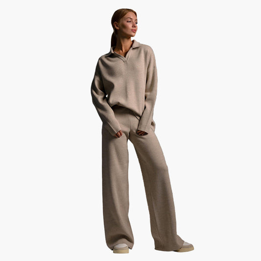Women's Relaxed Fit Knitted Loungewear Set - Oversized Collar Sweater & Wide-Leg Pants - Casual Comfort Outfit
