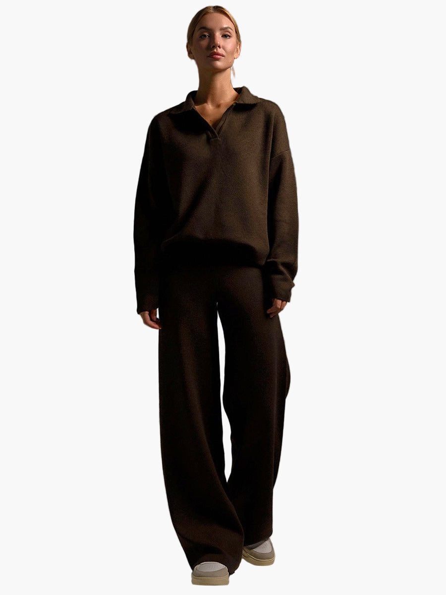 Women's Relaxed Fit Knitted Loungewear Set - Oversized Collar Sweater & Wide-Leg Pants - Casual Comfort Outfit