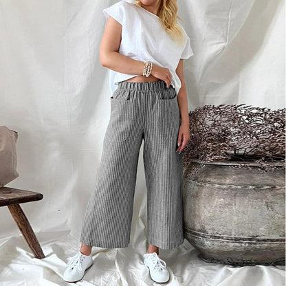 Betty – Loose Striped Cotton and Linen Casual Wide-leg Pants