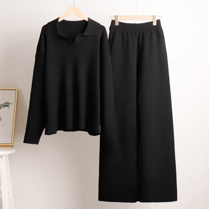 Women's Relaxed Fit Knitted Loungewear Set - Oversized Collar Sweater & Wide-Leg Pants - Casual Comfort Outfit