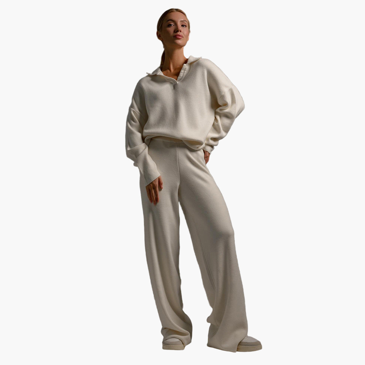 Women's Relaxed Fit Knitted Loungewear Set - Oversized Collar Sweater & Wide-Leg Pants - Casual Comfort Outfit