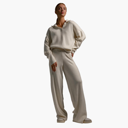 Women's Relaxed Fit Knitted Loungewear Set - Oversized Collar Sweater & Wide-Leg Pants - Casual Comfort Outfit