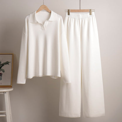 Women's Relaxed Fit Knitted Loungewear Set - Oversized Collar Sweater & Wide-Leg Pants - Casual Comfort Outfit
