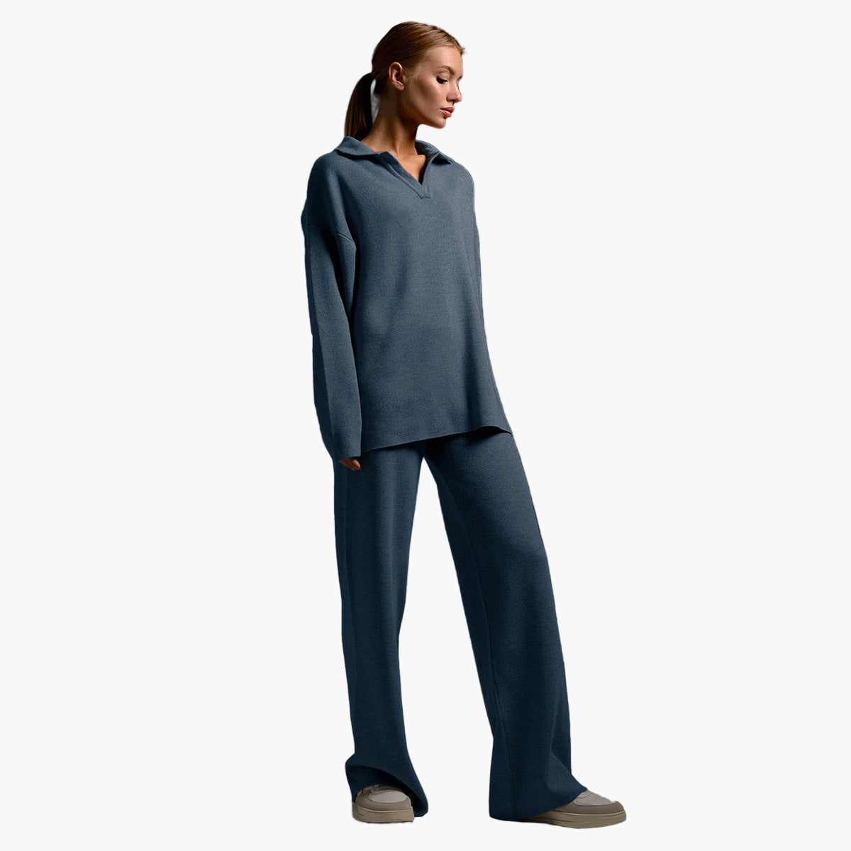 Women's Relaxed Fit Knitted Loungewear Set - Oversized Collar Sweater & Wide-Leg Pants - Casual Comfort Outfit