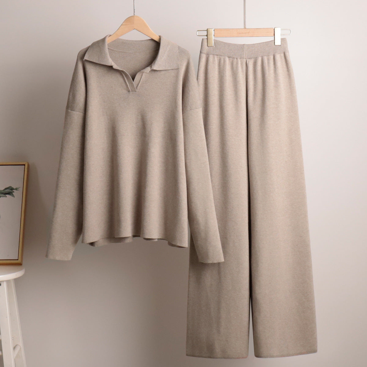 Women's Relaxed Fit Knitted Loungewear Set - Oversized Collar Sweater & Wide-Leg Pants - Casual Comfort Outfit