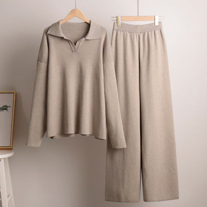 Women's Relaxed Fit Knitted Loungewear Set - Oversized Collar Sweater & Wide-Leg Pants - Casual Comfort Outfit