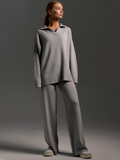 Women's Relaxed Fit Knitted Loungewear Set - Oversized Collar Sweater & Wide-Leg Pants - Casual Comfort Outfit