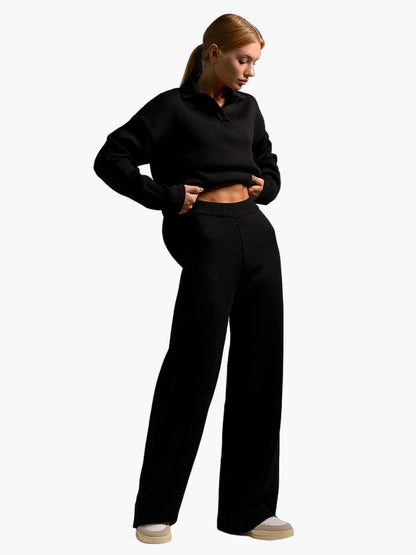 Women's Relaxed Fit Knitted Loungewear Set - Oversized Collar Sweater & Wide-Leg Pants - Casual Comfort Outfit