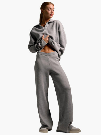 Women's Relaxed Fit Knitted Loungewear Set - Oversized Collar Sweater & Wide-Leg Pants - Casual Comfort Outfit