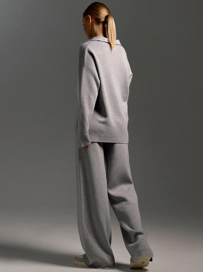 Women's Relaxed Fit Knitted Loungewear Set - Oversized Collar Sweater & Wide-Leg Pants - Casual Comfort Outfit