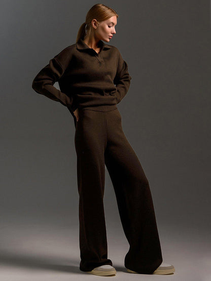 Women's Relaxed Fit Knitted Loungewear Set - Oversized Collar Sweater & Wide-Leg Pants - Casual Comfort Outfit