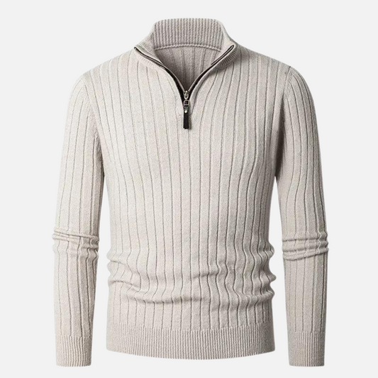 Men's Ribbed Half-Zip Cotton Sweater – Classic Casual High-Collar Pullover