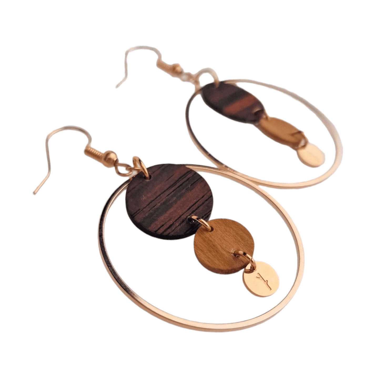 Holly – Women's Bohemian Dangle Earrings with Layered Wooden Discs and Gold Hoop Accents