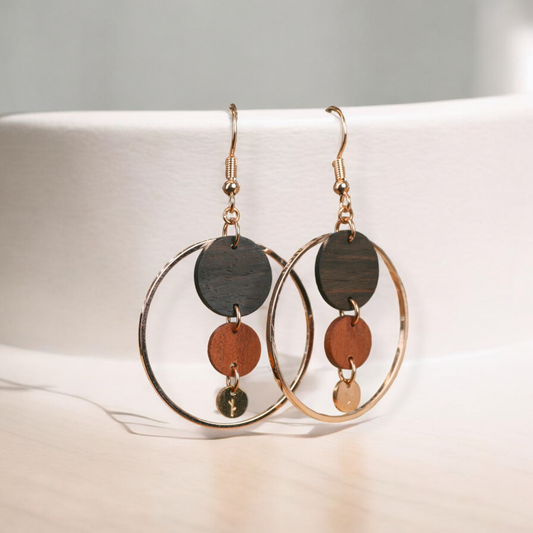 Holly – Women's Bohemian Dangle Earrings with Layered Wooden Discs and Gold Hoop Accents