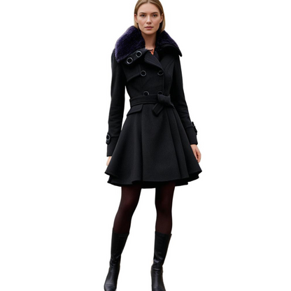 Women's Elegant Winter Trench Coat with Faux Fur Collar, Double-Breasted, Flared Hem – Fashion Warm Overcoat